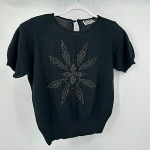 Womens Black Glitter Starburst Knit Top Size L Gothic Minimalist Evening Vintage